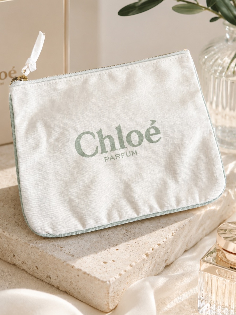 Chloé Parfum Canvas Pouch in Soft Cream with Sage Logo